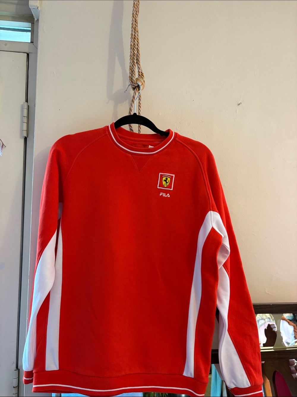 Fila Red Crewneck Sweatshirt with White Side Stripes and Ferrari Patch